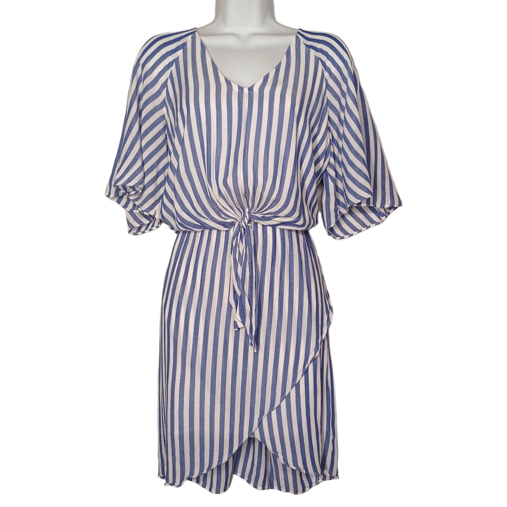 BELLE SKY Blue White Stripe Front Tie Short Sleeve Tulip Hem Dress Small